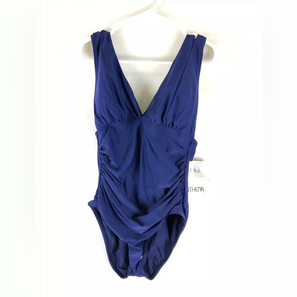 Athena Womens One Piece Swimsuit Over The Shoulder Surplice Navy Size US8